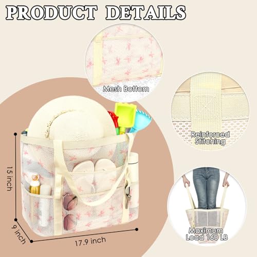 GYEUKHAM Mesh Beach Bag for Women, Sand-Resistant Pool Tote, 9 Pockets (1 Inner Zip), Foldable Family Travel Essentials - color: L-pink Butterfly