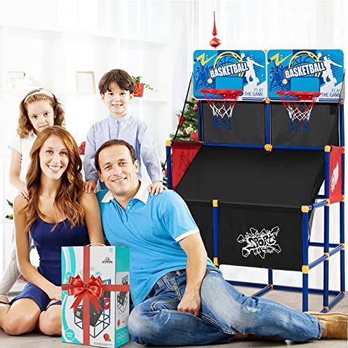 GYMAX Basketball Arcade Game Indoor, Double Shot Basketball Hoop Indoor with 4 Balls & Hand Pump, Mini Basketball Hoop for Kids Toddlers, Basketball Game Toys for Girls Boys