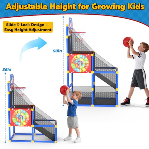 EagleStone 2-in-1 Kids Arcade Basketball Hoop with Dart Board,4 Balls Adjustable Height Basketball Toy Indoor Outdoor Carnival Games Gift for Boys Girls Toddlers Ages 3-6 Years Old,Pump Included - color: Red