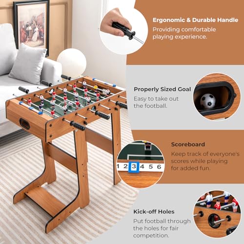 GYMAX Folding Foosball Table, Freestanding Soccer Game Table with 2 Balls for Family, Home, Game Room Teens Adult - style: Natural,27 inch