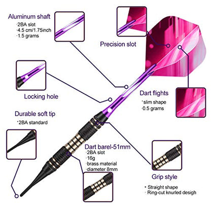 Soft tip Darts Set 18/20 Grams - Professional Darts Plastic Tip with Brass Barrel + Aluminum Shafts + 50 Rubber o-Ring + 6 Flights +50 Soft Tips for Electronic Dartboard - color: 18g-PURPLE