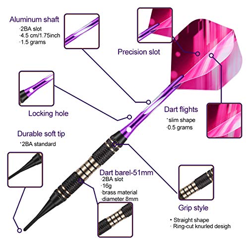 Soft tip Darts Set 18/20 Grams - Professional Darts Plastic Tip with Brass Barrel + Aluminum Shafts + 50 Rubber o-Ring + 6 Flights +50 Soft Tips for Electronic Dartboard - color: 18g-PURPLE