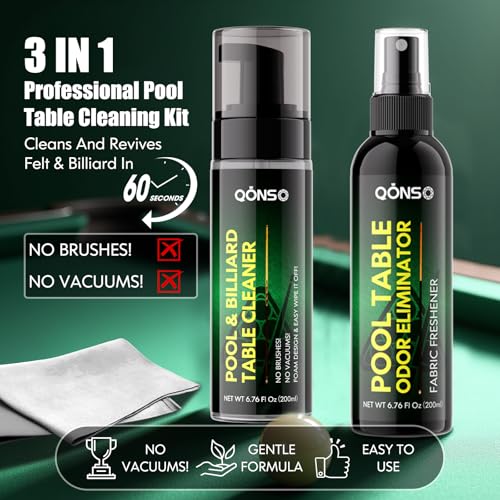 Pool Table Felt Cleaner Kit, Fast Clean Green Billiard Table Felt Cleaner Spray & Odor Eliminator Kit with Cleaning Cloth, Ready-to-Use Foam & No Residue | Essential for Home & Game Rooms