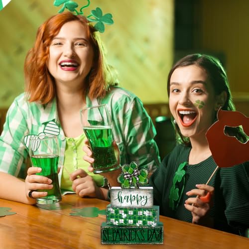 DIYDEC 4Pcs St.Patrick's Day Table Decoration Shamrocks Wooden Block Signs Rustic St. Patrick Tiered Tray Decor Happy St.Patrick's Day Centerpiece Sign for Farmhouse Holiday Tabletop Home Party Decor - style: St.Patrick's Day Shamrocks