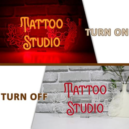 Tattoo Studio Neon Sign for Wall Decor, Red Rose Flower Led Signs for Business, USB Dimmable Skull Neon Lights for Tattoo Piercing Salon Beer Bar Pub Garage Man Cave Gothic Party Decor - style: Tattoo Studio