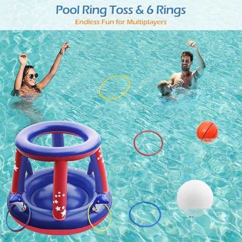 Jasonwell Pool Toys Games Set - 3 in 1 Pool Volleyball Net Basketball Hoop Ring Toss Game Inflatable Floats Water Floating Volleyball Swimming Pools Games Party Gift for Kids Adults (Red&Blue, XL)