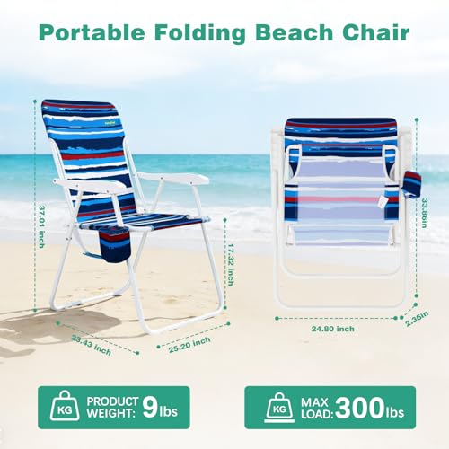 SunnyFeel 15" Tall Folding Beach Chair for Adults 2 Pack, Oversized Portable High Seat Sand Chair Heavy Duty 300 LBS, Foldable Camping Lawn Chairs for Camp/Outdoor/Travel/Picnic/Concert/Sports