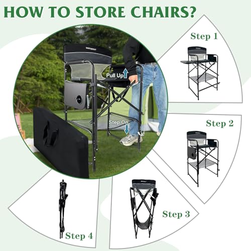 Tall Folding Director Chair 30.7" Seat Height Foldable Bar Stool for Makeup Artist Face Painting with Side Table Carry Bag and Cosmetic Bag Supports 250LBS - color: Black