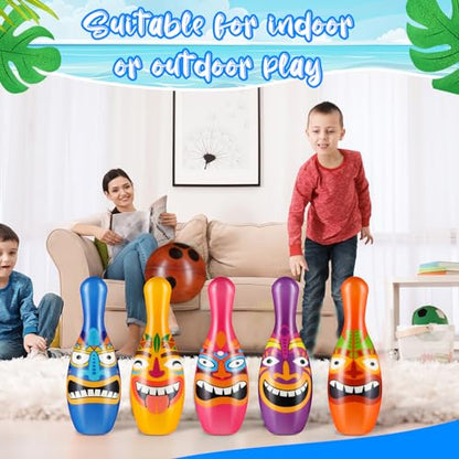 12 Pcs Bowling Set, 10 Soft Pins and 2 Cocout Balls for Kids Toddlers Tropical Hawaiian Luau Summer Birthday Party Games Indoor Outdoor Activities