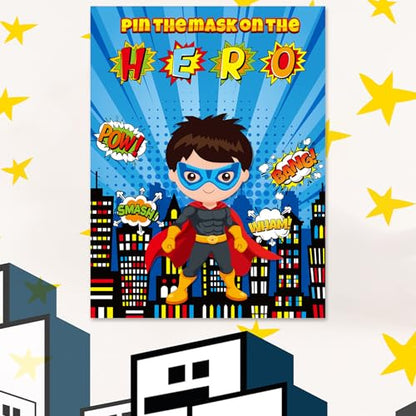 Faccito Hero Party Games Super Theme Hero Games Pin Mask on The Cityscape Poster with 24 Pcs Stickers and Blindfold Pin The Tail Set for Birthday Party Decorations Carnival Favors Supplies - style: Hero