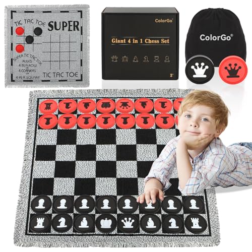 4 in 1 Vintage Giant Chess Game Set, Jumbo Checkers and Large Tic Tac Toe with Reversible Checker Board Game Mat & 34 Chess Pieces, Indoor Outdoor Board Game for Family, Camping, Yard, Lawn