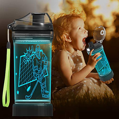 Lightzz Kids Water Bottle with 3D Glowing Hockey LED Light - 14 OZ Tritan BPA Free - Creative Ideal Travel Cup Gift for School Kid Boy Child Holiday Camping