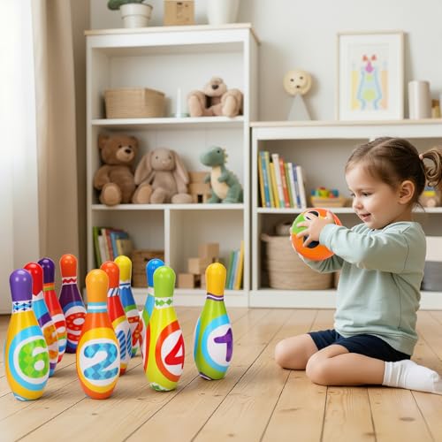 AugToy Kids Bowling Toy Set, Toddler Indoor Outdoor Activity Play Game Toys for Boy Girl, Soft 10 Foam Bowling Pins & 2 Balls, Educational Children Birthday Party Gifts