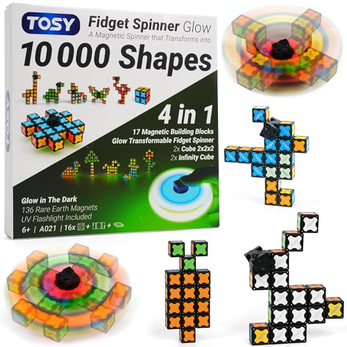 TOSY Magnet Fidget Spinner Glow - 16 Blocks, 3in1 Toy: Transformable Fidget Spinner, Infinity/Puzzle Cube, Easter Basket Stuffers Gift for Kids/Adults, Glowing STEM Sensory Stress Relief - color: Glow a