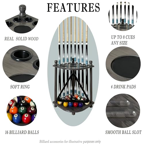 Pool Cue Rack Hold up to 8 Sticks & Billiard Accessories. Floor Stand Pool Cue Stick Holder Made of 100% Solid Hardwood.(GREY) - color: GREY