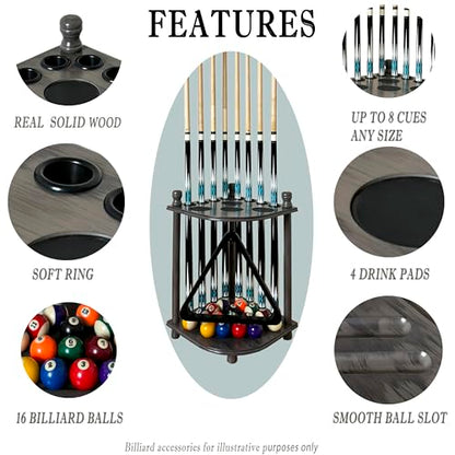 Pool Cue Rack Hold up to 8 Sticks & Billiard Accessories. Floor Stand Pool Cue Stick Holder Made of 100% Solid Hardwood.(GREY) - color: GREY