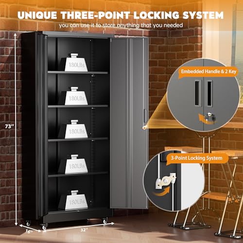 Greenvelly 73" Metal Storage Cabinet with Wheels, Lockable Rolling Metal Garage Cabinets with 2 Doors and 4 Adjustable Shelves, Rolling Tool Cabinet for Garage, Home Office, School - color: Black, style: 73"H-Wheels