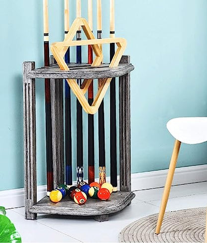 REMYS Corner Floor Cue Rack, with 5 Drink Coasters, Billiard Supplies 10 Cues Freestanding Pool Stick Holder, Holds Full Set of Balls
