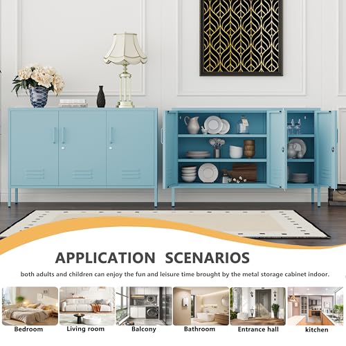 32" Blue 3 Door Lockable Metal Cabinet, Freestanding Heavy Duty Storage Locker with Adjustable Shelves for Home Office Kitchen Living Room - color: Blue, style: 32"H-Cabinet-TH
