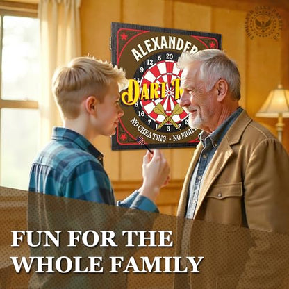 Personalized Dart Board Cabinet Set with 6 Steel Tip Darts, Paper Dartboard, Chalk & Eraser (21.5 x 21.5 x 2.75) - Man Cave Dart Boards for Adults - style: Dart Room