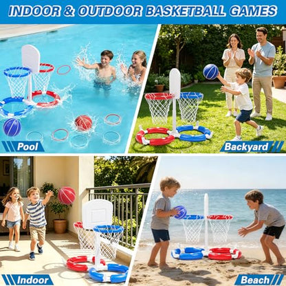 Double Pool Basketball Hoop with Backboard &Ring Toss Game, 2-in-1 Floating Pool Toy with 4 Balls 8 Rings&Pump,2 Player Games Summer Activities for Kids 5-8 8-12& Adult,Outdoor Swimming Party Gifts - size: Double with backboard