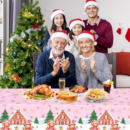 Gingerbread Christmas Tablecloths 3 Pack,Pink Disposable Plastic Christmas Table Covers 54 x 108 Inch with Gingerbread Man,House,Candy Snowflake Holiday Party Decorations - color: Christmas Pink Gingerbread