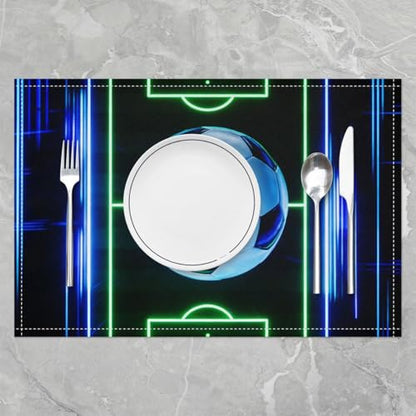 Soccer Placemats for Dining Table Set of 4, Neon Football Court Place Mats 12x18 Inch for Restaurant,Ball Sports Games Kitchen Table Mats Easy to Clean - color: Green White