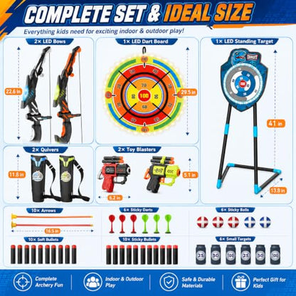 VROGTIK 2 Pack Kids LED Bow and Arrow Set with Standing Target & LED Dart Board, 20 Suction Cup Arrows, 2 Quivers, Foam Dart Toys, Indoor Outdoor Archery Toy Gift for Boys Girls Ages 3-12 - color: Blue/Green/Yellow
