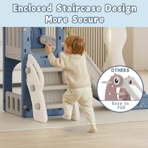 YUFU 5 in 1 Toddler Slide, Kids Slide with Climber, Basketball Hoop and Ball, Outdoor Indoor Playset for Toddlers Age 1-3 (Blue+Gray) - color: Blue+gray
