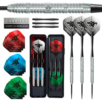Harrows Sabre 90% Tungsten Steel Tip Darts Set I 21g to 26g All Weights Available I Huge 24pcs Bundle with Spare Shafts, Prime Flights & Travel Case - size: 25 grams