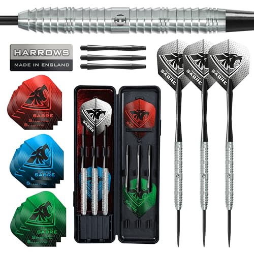 Harrows Sabre 90% Tungsten Steel Tip Darts Set I 21g to 26g All Weights Available I Huge 24pcs Bundle with Spare Shafts, Prime Flights & Travel Case - size: 22 grams