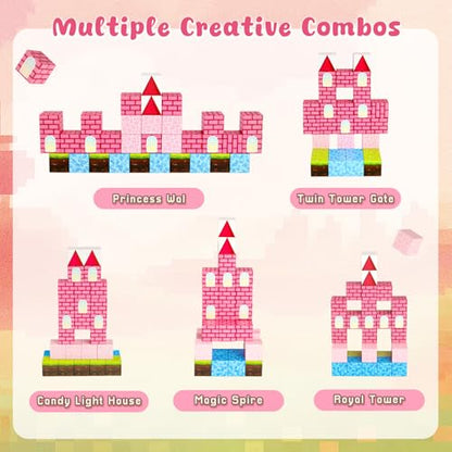 3 otters 32PCS Magnetic Building Blocks Princess Castle Travel Set, STEM Magnet Cubes Toys with Metal Storage Box for Kids, Birthday Gifts for Toddler Girls - style: Fantasy Castle