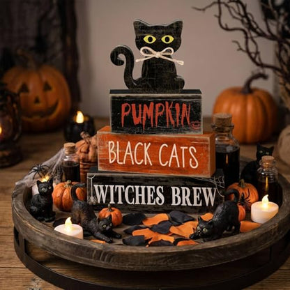 Lineshading 4 Pcs Halloween Table Decoration Black Cat Wooden Stacked Block, "Pumpkin Black Cats Witches Brew" Signs Spooky Halloween Tiered Tray Decor Rustic Gothic Centerpiece for Home Coffee Bar - style: Black Cat