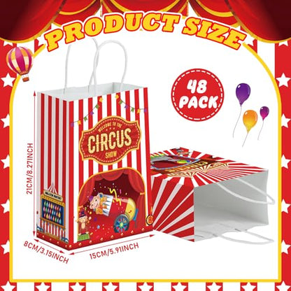 Kolldenn 48 Pcs Carnival Party Favor Bags Circus Gift Goodie Paper Bags with Handles Red White Stripe Circus Treat Candy Pouch for Carnival Party Supplies Birthday Mardi Gras Decorations - style: Circus