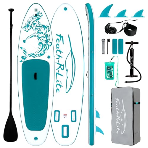 FEATH-R-LITE Inflatable Paddle Board Stand Up Paddleboards for Adults SUP with Premium Accessories Pump, Adjustable Paddle, Leash, Three Fins, Backpack - style: Green