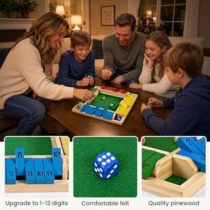 ropoda 12 Inches 4-Way Shut The Box Dice Board Game (2-4 Players) for Kids & Adults [4 Sided Large Wooden Board Game, 8 Dice + Shut-The-Box Rules] Smart Game for Learning Addition - size: 12in-Classic