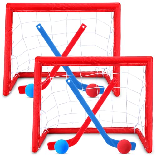 Leyndo 2 Sets Kids Mini Hockey Set Includes 2 Hockey Nets 2 Mini Hockey Goal 4 Plastic Mini Hockey Sticks 4 Foam Balls Knee Hockey Goal Hockey Ball for Kids Indoor Floor(Bright Color) - color: mainly red and blue