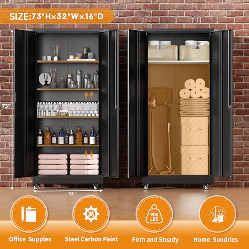 Greenvelly 73" Metal Storage Cabinet with Wheels, Lockable Rolling Metal Garage Cabinets with 2 Doors and 4 Adjustable Shelves, Rolling Tool Cabinet for Garage, Home Office, School - color: Black, style: 73"H-Wheels