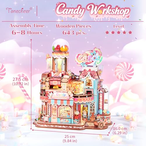 Tonecheer 3D Wooden Puzzle for Adults- Candy Workshop, Mechanical Transmission Model Kit, Dynamic DIY Building Set with Music & Lights, Miniature House Kit Ideas - style: Candy Workshop