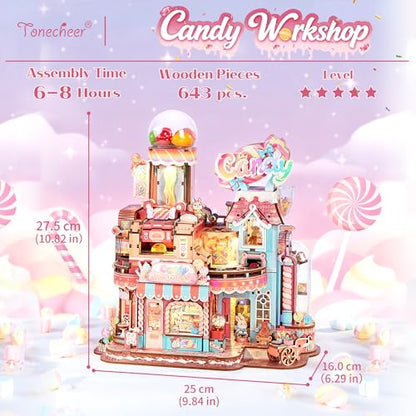 Tonecheer 3D Wooden Puzzle for Adults- Candy Workshop, Mechanical Transmission Model Kit, Dynamic DIY Building Set with Music & Lights, Miniature House Kit Ideas - style: Candy Workshop