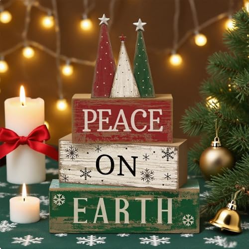 Lineshading 4 Pcs Christmas Table Decoration Wooden Christmas Tree Sign Winter Tiered Tray Decor Decorative Red Green and White Tree Block Signs Xmas Table Centerpiece Farmhouse Decor for Home Kitchen - style: Christmas Tree