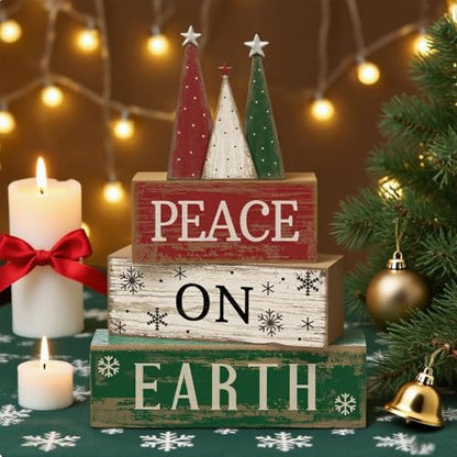 Lineshading 4 Pcs Christmas Table Decoration Wooden Christmas Tree Sign Winter Tiered Tray Decor Decorative Red Green and White Tree Block Signs Xmas Table Centerpiece Farmhouse Decor for Home Kitchen - style: Christmas Tree