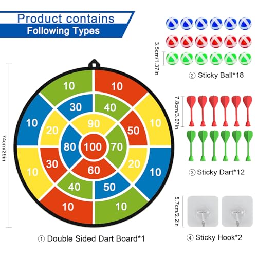 29" Dart Board for Kids, Gifts for 3 to 12 Year Boys and Girls Game Toys | Darts Set Double-Sided with Sticky Balls and Darts, Indoor Outdoor Sport Fun Party Play Parent-Child Activity Game Toys