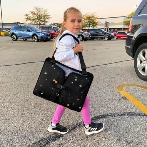MENZOKE Kids Travel Tray, Road Trip Activities for Kids with Dry Erase Board & Cooler Cup Holder, Toddler Car Activities with No-Drop iPad Holder Stand, Roadtrip Essentials for Toddlers, Black - color: Black Astronaut