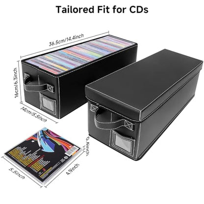 CD Storage Case with Lid & Handle – Faux Leather CD Holder Box – Stackable CD Storage Organizer with Label Slot – 4Pack (Black) - size: CD-4Pack