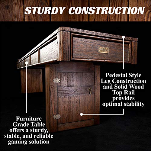 Barrington 12ft Webster Shuffleboard Table, Solid Wood, Storage Cabinets | 12ft rustic shuffleboard table with 1.75" solid wood poly-coated playfield, storage cabinets, 8 pucks & speed powder
