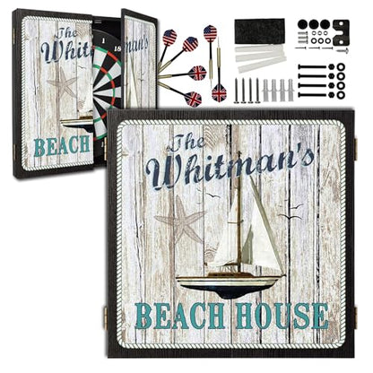Personalized Dart Board Cabinet Set with 6 Steel Tip Darts, Paper Dartboard, Chalk & Eraser (21.5 x 21.5 x 2.75) - Man Cave Dart Boards for Adults - style: Beach House