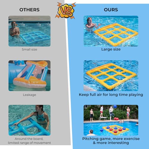 TicTac Shot Pool Toys Games Set- Tic Tac Toe Inflatable Pool Toy with 10 Balls - for Adults Teens Kids 2-10 Players - color: Yellow