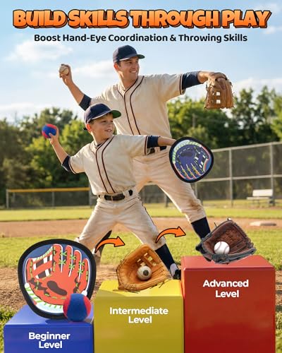 Toss and Catch Ball Game Set, 2 in 1 Kids Toddler Baseball Glove & Target Board, Sticky Catch Toy Outdoor Toys, Backyard Beach Yard Outside Games, Birthday Gift for Boys Girls Ages 3+ - color: Blue & Red