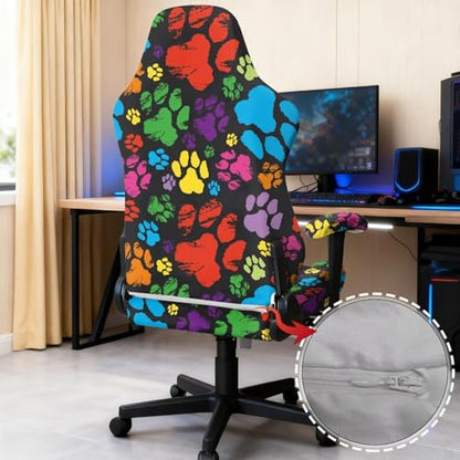 Suobstales Colorful Dog Paw Paint Splatter Pattern Gaming Chair Cover with 2 Armrest Covers, Non Slip Game Chair Cover with Zipper, Dustproof Washable Gaming Chair Seat Cover, Set of 4 - color: Colorful Dog Paw Paint Splatter